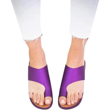 Imagem de Sandália Ortopédica Feminina Moda Verão Sandálias De Correção De Joanete Sandálias De Couro Com Dedo Aberto Respirável Leve Salto Plano Chinelos Casual Praia, 006, 36EU