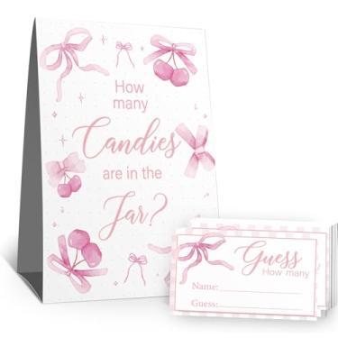 Imagem de Placa Guess How Many Candies (1 placa de pé - 50 cartões de adivinhação) Kit de cartões de atividades com tema de arco rosa para chás de bebê, festas de recém-nascidos, chá de panela, noivado, chá de