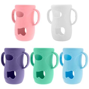 Imagem de 5 peças de suporte de mamadeira de fácil aderência, capa de silicone para garrafa de vidro antiquebra com alça e janela para meninos e meninas recém-nascidos