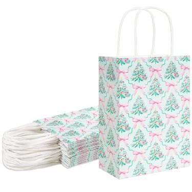 Imagem de Whaline 24 peças de sacos de presente de papel para árvore de Natal, sacos de lembrancinha de festa com alça laço rosa para árvore de Natal e doces para chá de bebê de inverno, férias, aniversário