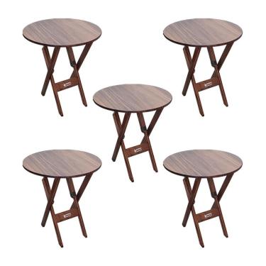 Imagem de Kit 5 Mesas Dobráveis De Madeira Redonda 70cm Imbuia - Cor: Marrom