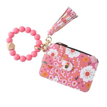 Imagem de Carteira feminina Boho com contas de pulso – Porta-cartões com estampa floral com borla, pulseira de contas de silicone, porta-chaves com zíper e porta-moedas para identidade para mulheres, Rosa