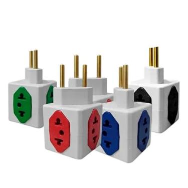 Imagem de kit 6 Adaptador de Tomada Universal Cubo 3D, 4 Saídas 3x 10A e 1x 20A Pino Fino e Grosso T Benjamim Compatível com Padrão Novo e Antigo Colorido