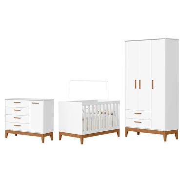 Imagem de Dormitório Infantil Flip Guarda Roupa 3 Portas, Cômoda 1 Porta E Berço Branco Fosco - Reller Móveis Branco Fosco