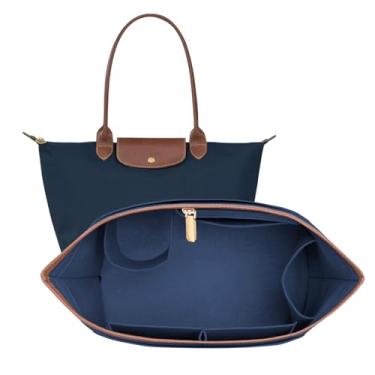 Imagem de DOIAPUOS Bolsa organizadora de feltro para bolsa Longchamp Le Pliage M, bolsa de mão com borda de couro Longchamp com suporte para copo (azul escuro, médio)