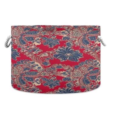 Imagem de JUZIHAI Paisley Cesta de armazenamento dobrável de tecido floral para bebê, cesto de roupa suja com alças de corda de algodão, caixa organizadora de armário dobrável para quarto, berçário, casa, 50 x