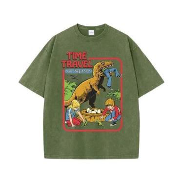 Imagem de Camiseta Masculina Retrô De Algodão Lavado Com Estampa De Dinossauro, 