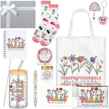 Imagem de Remerry Conjunto de 12 peças de presentes de dia profissional administrativo para mulheres, inclui bolsa de cosméticos, caneta, copo de vidro, vela, caderno, pulseira, porta-crachá para assistentes de