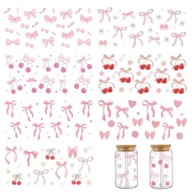 Imagem de Adesivos UV DTF para copos 7 folhas laço rosa UV DTF adesivos de transferência para decorações de artesanato DIY envoltório de copo de flor de cerejeira para garrafa de água de vidro de 473 ml