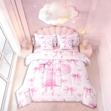 Imagem de Conjunto de cama casal com letra P com 7 peças, estilo princesa kawaii, estilo princesa kawaii, conjunto de cama com letra de laço em aquarela, inclui edredom, conjunto de lençóis, fronhas e fronhas