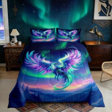 Imagem de Homewish Conjunto de edredom Myth Phoenix, tamanho casal, 3 peças, decoração de aurora degradê sonhador para crianças, adolescentes e adultos, conjunto de edredom com 2 fronhas