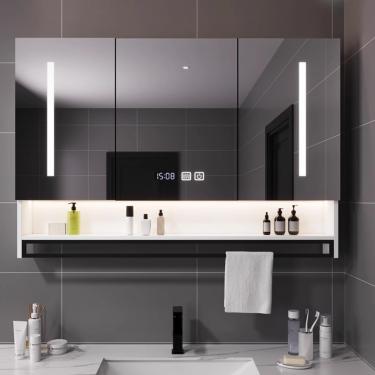 Imagem de Armário de parede de maquiagem para banheiro com luzes LED, 40 x 32 pol. Armário de remédios moderno para espelho de banheiro com desembaçamento, armário de interruptor de toque com pratelei