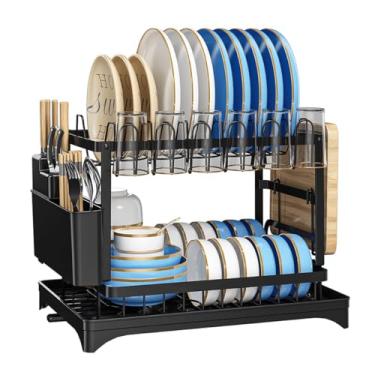 Imagem de Escorredor de Louças Pratos Talheres 2 Andares 42x29cm Metal Preto Revestimento a Pó Bancada Cozinha