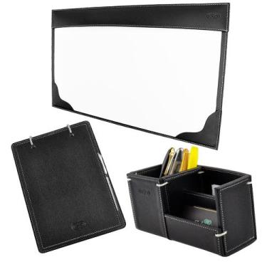 Imagem de Kit para mesa Escritório AQUILA em Couro Galvani, Preto