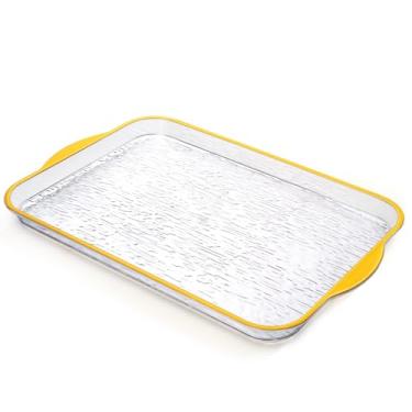 Imagem de Bandeja de plástico dourada para servir 35 x 23 cm, elegante bandeja retangular decorativa para sobremesas, joias transparentes, perfume, mesa de café, para servir pratos de comida, festa, banheiro,