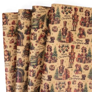 Imagem de Rancco Papel de embrulho de Natal vintage, papel de embrulho kraft para férias de ano novo, papel de embrulho de Natal com quebra-nozes, Papai Noel, urso, caminhão, designs de cena country - 4 peças,