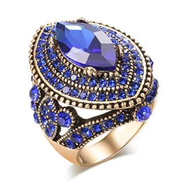 Imagem de CKHAO Anel feminino - Tamanho grande antigo banhado a ouro estilo turco azul pedra preciosa vintage joia feminina J0769BLUE