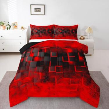 Imagem de Feelyou Conjunto de edredom geométrico para crianças, vermelho e preto, geométrico, ombré, arte abstrata, geométrico, para meninos e adolescentes, decoração de quarto