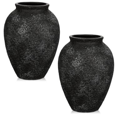 Imagem de Vaso de cerâmica rústico para decoração de casa – 2 peças pequenos vasos decorativos pretos texturizados para flores secas, grama dos pampas, plantas falsas – mesa de centro de mesa boho moderna de