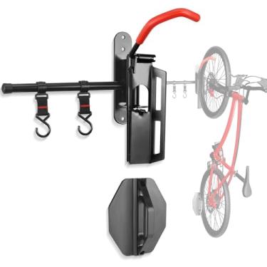 Imagem de Suporte de parede de armazenamento de bicicleta, suporte giratório vertical de montanha para uso interno em garagem, suporte de armazenamento de bicicleta de metal resistente, economia de espaço com