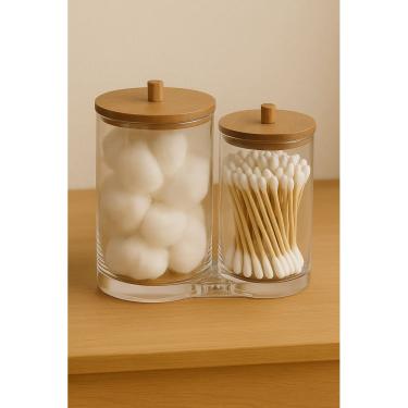 Imagem de Pote Duplo Organizador Para Algodão em Disco e Cotonete de Acrílico Tampa de Bambu - Jolitex Mek  - Natural
