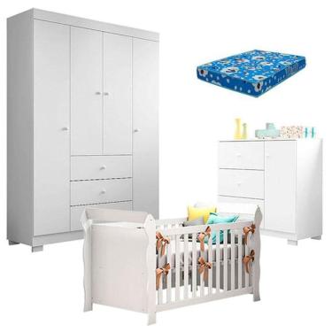 Imagem de Quarto De Bebê Duda 4 Portas E Berço Americano Lara Branco Brilho Com Colchão Ortobom – Phoenix Baby