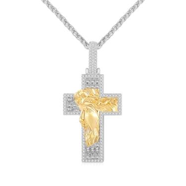 Imagem de Colar de cruz crucifixo para homens e mulheres, pingente de diamante baguete gelado - Corrente de 2,5 mm banhada a ouro 18 k Hip Hop Bling, Medium, Aço inoxidável, Zircônia cúbica 5A