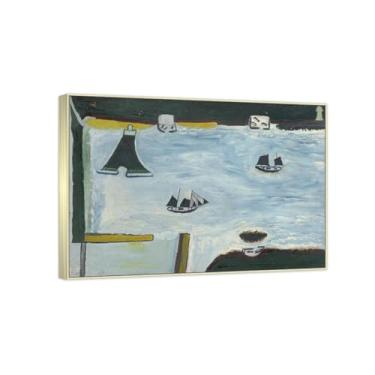Imagem de RYLJCZ Reproduções de pinturas famosas de Alfred Wallis-(Mount's Bay) Impressões em tela - quadros decorativos para sala de estar 55 x 77 cm (21,6 x 30,3 pol) molduras de champanhe