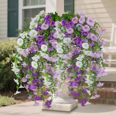 Imagem de EOECL 6 peças de flores artificiais penduradas ao ar livre em ambientes internos, plantas falsas de orquídea de seda falsa, caules longos parecem realmente resistentes a UV para decoração de festa na