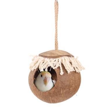 Imagem de Casinha de pássaro suspensa com concha de coco com decoração de borlas, concha de fibra de coco natural, ninho de pássaro para papagaio, periquito, periquito, periquito, canário, papagaio balanço