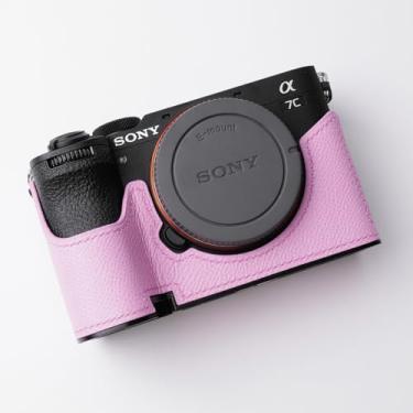 Imagem de Iborrys - Meia capa de couro genuíno especializada para Sony A7C Mark II A7C2 A7CR Alpha 7C II 7C2R - Corpo de couro de vaca de camada superior + placa de base de metal design 2 em 1 (rosa)