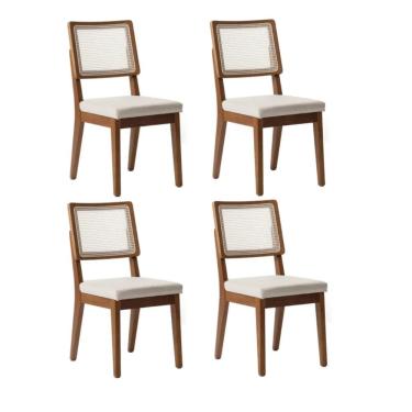 Imagem de Kit com 4 Cadeiras de Madeira Maciça Estofada com Palhinha Saga - Natural c/ Linho Mescla Cru