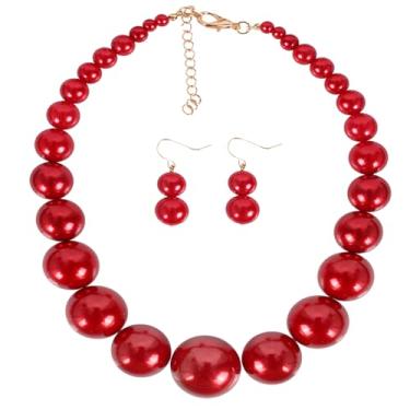 Imagem de Conjunto de colar grande de pérolas de sangue grande dos anos 70 anos 80 falso simulado de pérolas vermelhas brincos moda conjunto de joias para mulheres, ADJUSTABLE, Zinco, Zircão