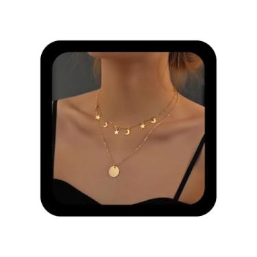 Imagem de Ximdble Colar vintage em camadas de disco de moedas minúsculas, pingente de lua pequena, gargantilha retrô, corrente de disco, joia feminina