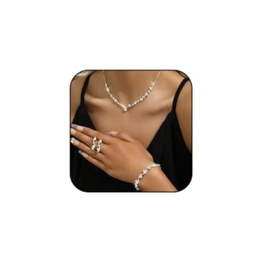 Imagem de Dreuyet Conjunto de joias de casamento com strass, cristal, brilhante, gargantilha, colar, pulseira, brincos para noivas, dama de honra, zircônia cúbica, corrente de tênis para mulheres, festa de