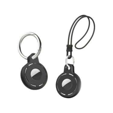 Imagem de [Pacote com 2] Capa protetora de silicone para suporte AirTag com orifícios de som e alça de gancho para chaveiro, portátil antiperda, preta