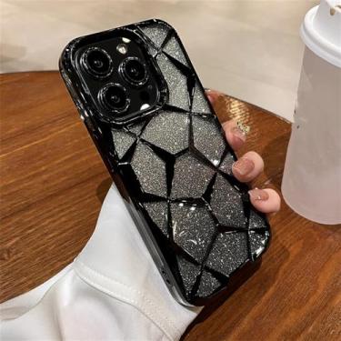 Imagem de Capa para iPhone 15 14 13 12 11 Pro Max Plus Glitter 3D Cubo Diamante Mármore Capa TPU Macia, Preta, Para iPhone 13 ProMax