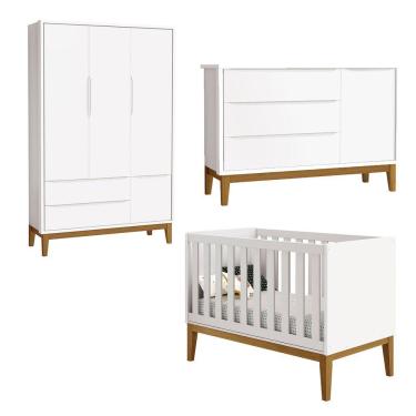 Imagem de Jogo De Quarto Para Bebê Completo 3 Portas Classic New Branco Fosco Com Madeira - Reller