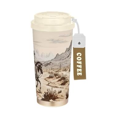Imagem de SEHANY Caneca de viagem vintage caubói ocidental 482 g xícaras de café reutilizáveis revestidas de cerâmica com tampa à prova de vazamento, parede dupla, isolamento a vácuo, copo de café de aço