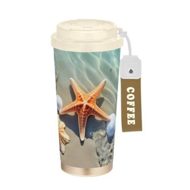 Imagem de SEHANY Caneca de viagem Summer Sea Beach Starfish 482 g Copos de café reutilizáveis revestidos de cerâmica com tampa à prova de vazamento, parede dupla, isolamento a vácuo, copo de café de aço