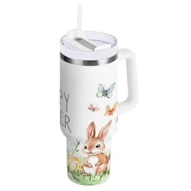 Imagem de ATTX Copo de coelho da Páscoa de 1,134 g com alça, copo de aço inoxidável a vácuo de parede dupla com palha, caneca de café de viagem isolada #17