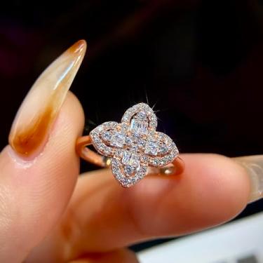 Imagem de Joia feminina banhada a ouro 18 quilates de luxo com trevo de quatro folhas CZ diamante aberto anel de estilo aberto adequado para uso diário, presente de aniversário de melhor amigo ouro rosa