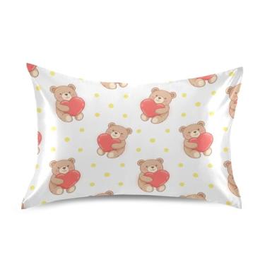 Imagem de Wassud Ursos corações vermelhos dia dos namorados fronha de cetim para cabelo e pele fronhas de seda lisa queen size capas de travesseiro respiráveis com fecho de envelope