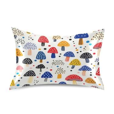 Imagem de Wassud Fronha de cetim com cogumelos coloridos para cabelo e pele, fronhas de seda lisa, tamanho queen, capas de almofada respiráveis com fecho de envelope