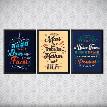Imagem de Kit 3 Quadros Frases Motivacional Trabalho 33X24 Vidro Preta