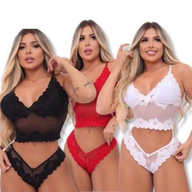 Imagem de Conjunto Sutiã E Calcinha Cropped De Tule Renda Bojo Efeito Silicone S