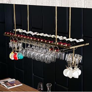 Imagem de (pt: rack de vinho montado no teto, 119.4 cm 149.9 cm rack de talheres pendurado organizador de metal, rack de garrafa de vinho, suporte de exibição de taça de champanhe, altura e largura ajustáveis