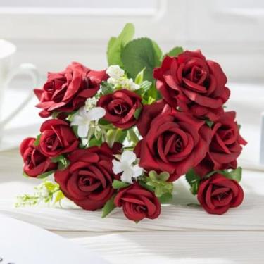 Imagem de Buquê de Rosas Artificiais – Flores de Seda 10 Galhos, 10 Flores, 32cm – Decoração, Arranjos e Centros de Mesa (2 Unidades,Vermelho)