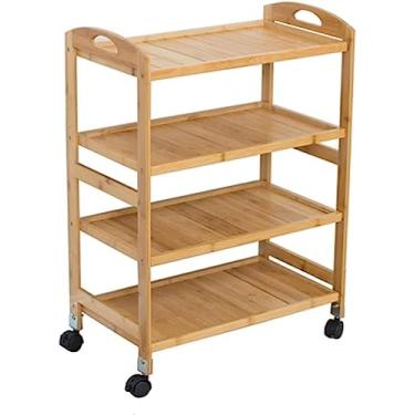 Imagem de Carrinho de carrinho de salão de bambu - Rack de armazenamento impermeável com rodas de freio universais, design multicamadas, organizador de 4 camadas para beleza, cabelo, spa - 59 x 33 x 73 cm