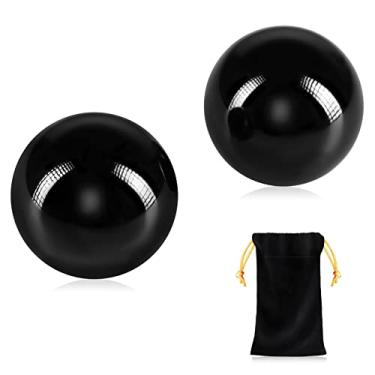 Imagem de Bolas de bala de obsidiana preta, bolas chinesas de massagem para exercícios de saúde com bolsa de transporte para alívio de estresse bolas de exercícios de mão (preto, 3,8 cm de diâmetro)